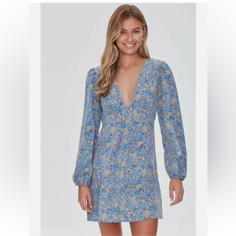 Forever 21 Floral Boho Mini Dress Open Back Long Sleeve Cottagecore